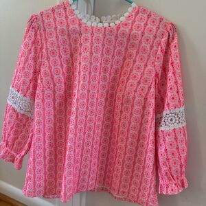 EUC Pink Floral Blouse with Lace Accents